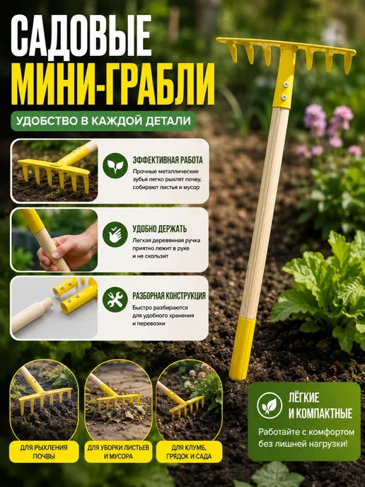 NAANA Садовые прямые мини-грабли разборные, желтый, фото 2