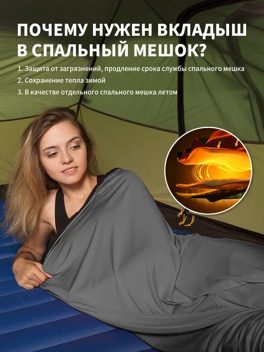 Naturehike Вкладыш в спальный мешок туристический для похода, 200 см, серый, фото 3
