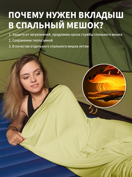 Naturehike Вкладыш в спальный мешок туристический для похода, 200 см, зеленый, фото 3
