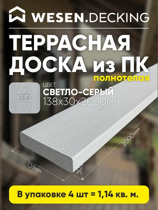 Террасная доска полимерная 138х30х2000 мм, Коричневый, 2шт, 30x2000 мм, 4 шт, светло-серый