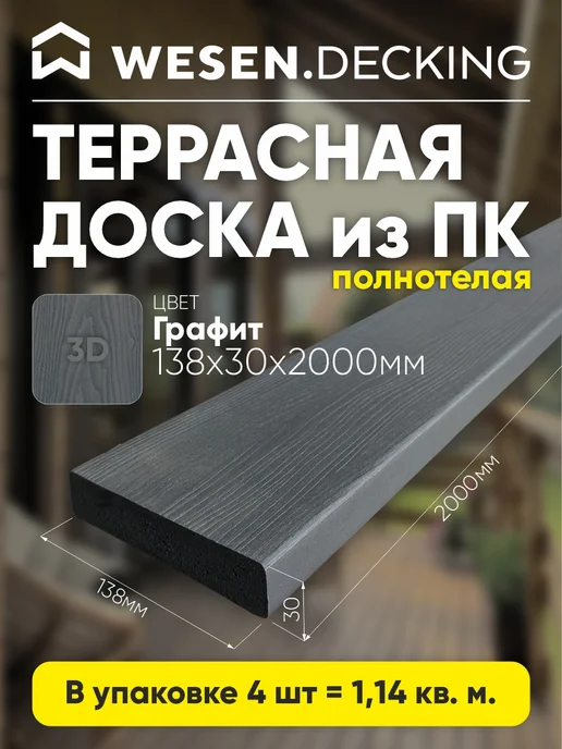 Террасная доска полимерная 138х30х1000 мм, Графит, 4шт, 138x30x2000 мм, 4 шт
