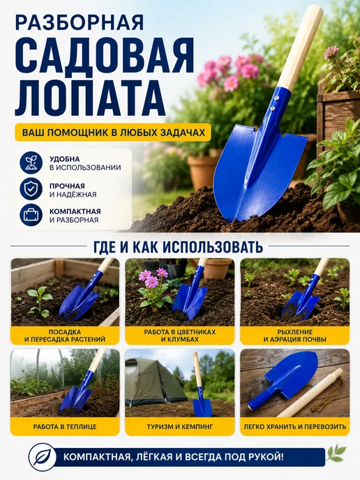 NAANA Компактная разборная садовая лопата, синий, фото 4
