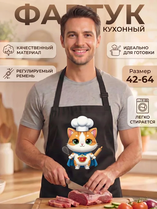 Фартук кухонный с приколом Супергерой, голубой