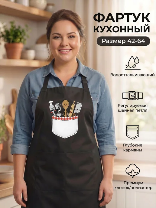 Мистер Фартук Фартук женский кухонный с принтом Карман, черный, фото 2