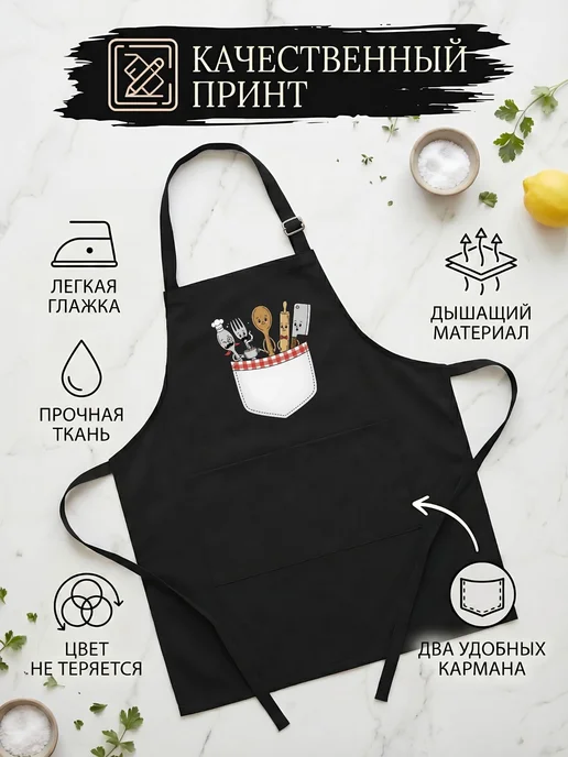 Мистер Фартук Фартук женский кухонный с принтом Карман, черный, фото 3
