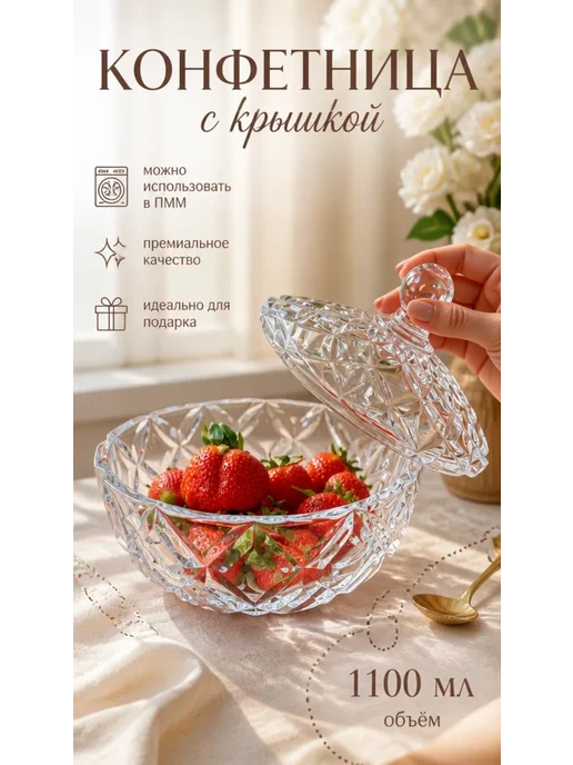 Красивая посуда Конфетница сахарница стеклянная с крышкой 550 мл, 1,1 л, фото 3