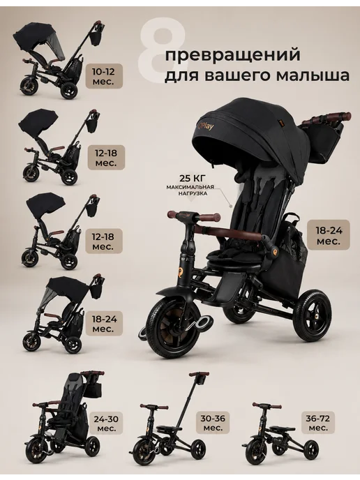 QPlay Велосипед трехколесный коляска SPRINTER S MAX складной 8в1, черный, фото 2