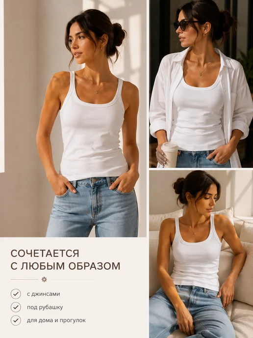 CLEVER WEAR Майка под одежду хлопок на бретельках, белый, фото 5