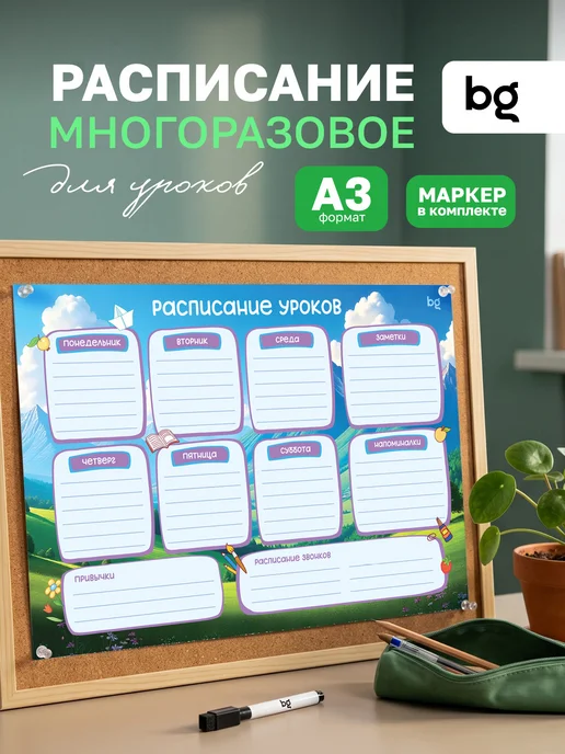 BG Расписание уроков для детей многоразовое А3, голубой
