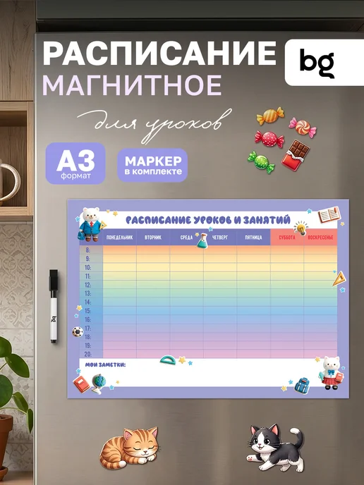 BG Расписание уроков для детей многоразовое на магните А3, голубой