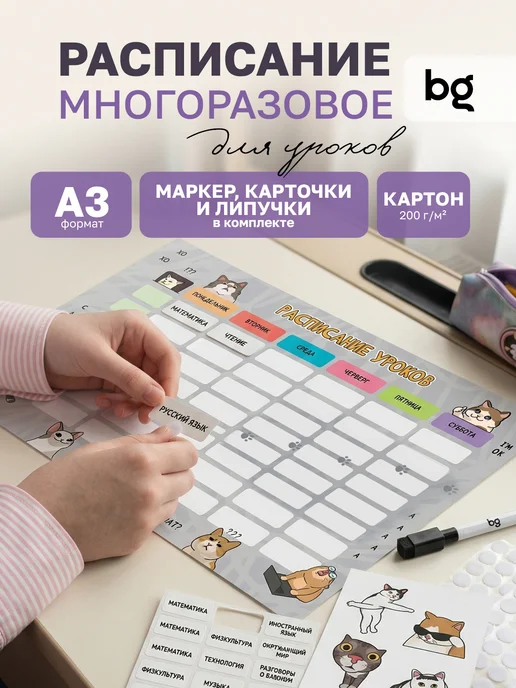 BG Расписание уроков для детей многоразовое А3, серый