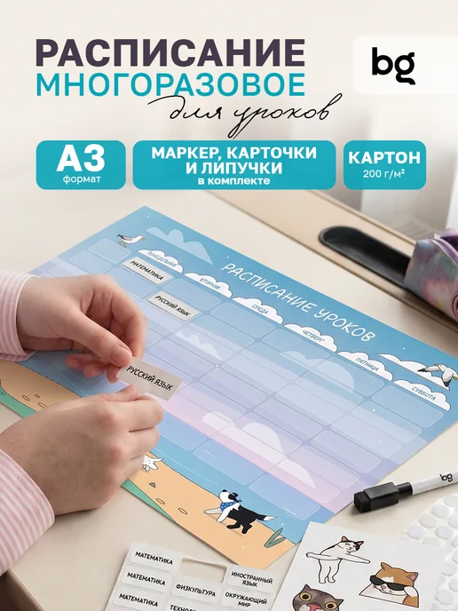 BG Расписание уроков для девочек многоразовое А3, голубой