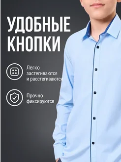 Рубашка школьная на кнопках с длинным рукавом на кнопках Full of Beans. Цвет голубой. Вид 3.