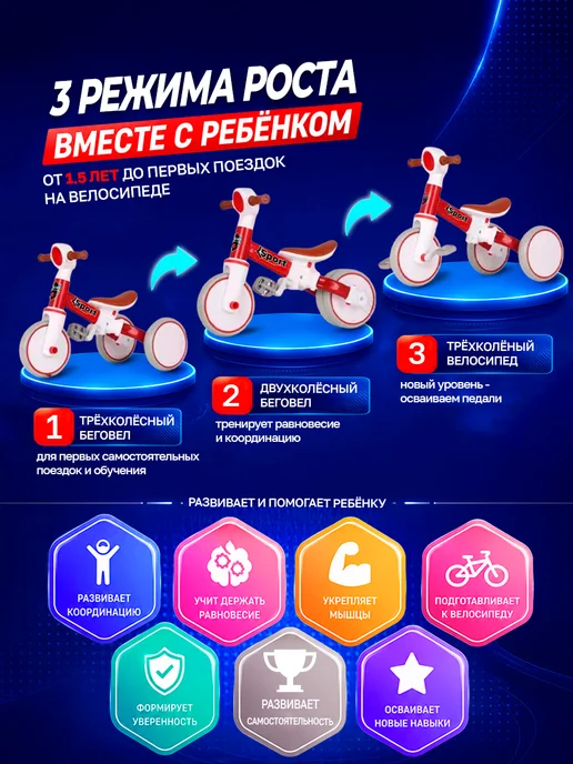MIX Беговел и трехколесный велосипед трансформер, красный, фото 3