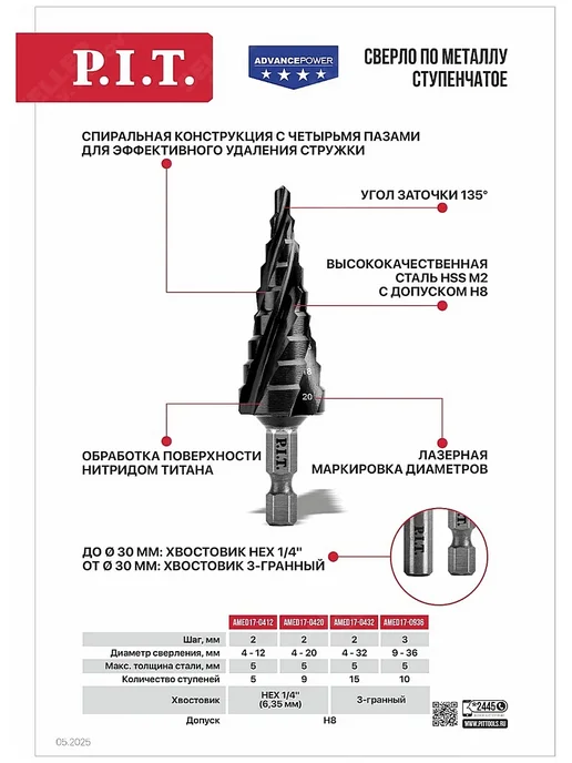 P.I.T. Сверло ступенчатое по металлу PIT ПИТ Ø9-36мм HSS, вариант, фото 3