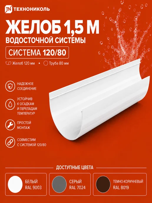 ТехноНИКОЛЬ ТН ОПТИМА желоб 1,5м (D120 80), белый, 1,5 м