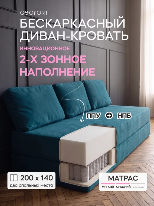 GEOFORT Диван бескаркасный двухспальный пружинный Бали 200х140, 200x140, синий