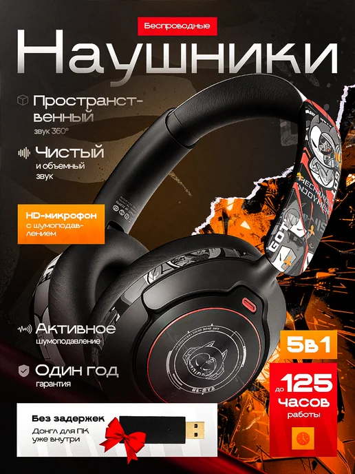 SMART PRESENT Наушники беспроводные большие игровые с шумоподавлением, черный