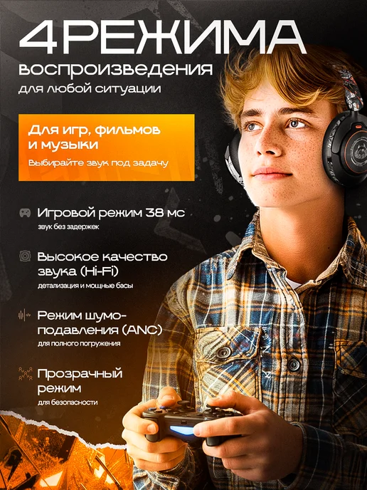 SMART PRESENT Наушники беспроводные большие игровые с шумоподавлением, черный, фото 5