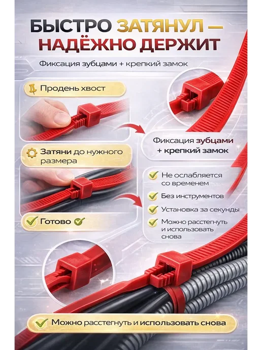 ОМК Стяжки многоразовые для проводов, хомуты для кабеля 95 см, красный, фото 2