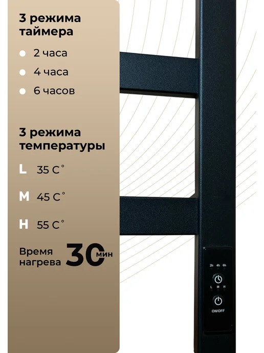 PODOLS Электрический полотенцесушитель с терморегулятором, черный, фото 3