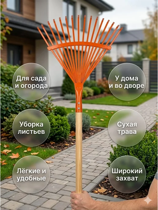 Tomi store грабли веерные с черенком садовые, оранжевый, фото 4