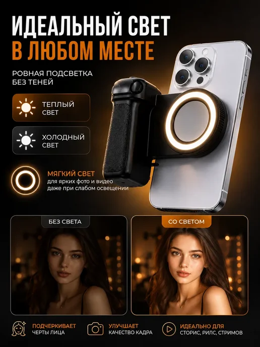 UAIA2006 Кольцевая лампа для телефона с Bluetooth кнопкой, черный, фото 2