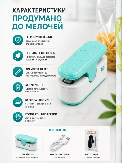 DDN30 Запайщик пакетов кухонный с резаком USB 2в1, голубой, фото 3
