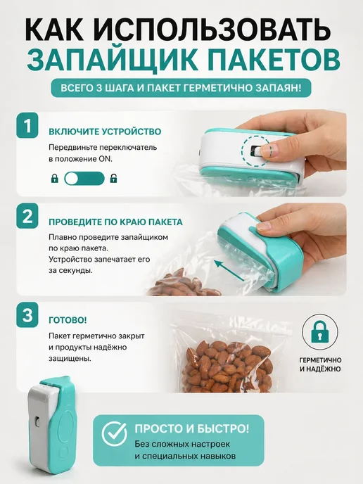 Kiz77 Портативный мини запайщик пакетов с резаком, белый, фото 3