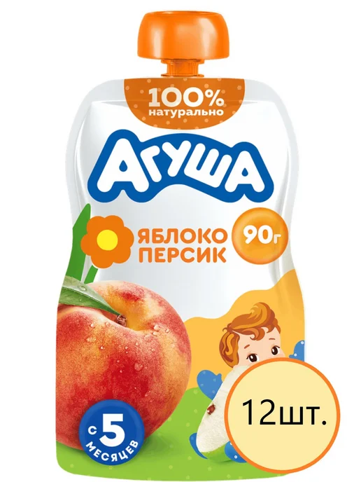 Агуша Пюре фруктовое детское Яблоко-персик, 6+ мес, 90г, 12шт, 90 г, 12 шт
