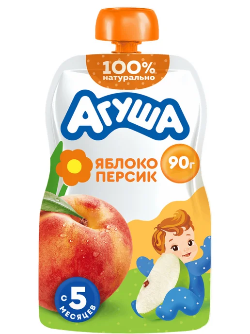Агуша Пюре фруктовое детское Яблоко-персик, 6+ мес, 90г, 12шт, 90 г, 12 шт, фото 2