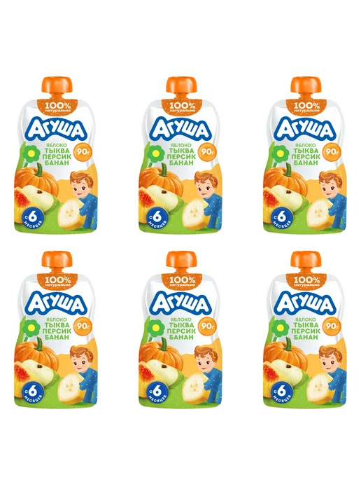 Агуша Пюре детское Яблоко, тыква, персик, банан, 90г, 12шт, 90 г, 6 шт