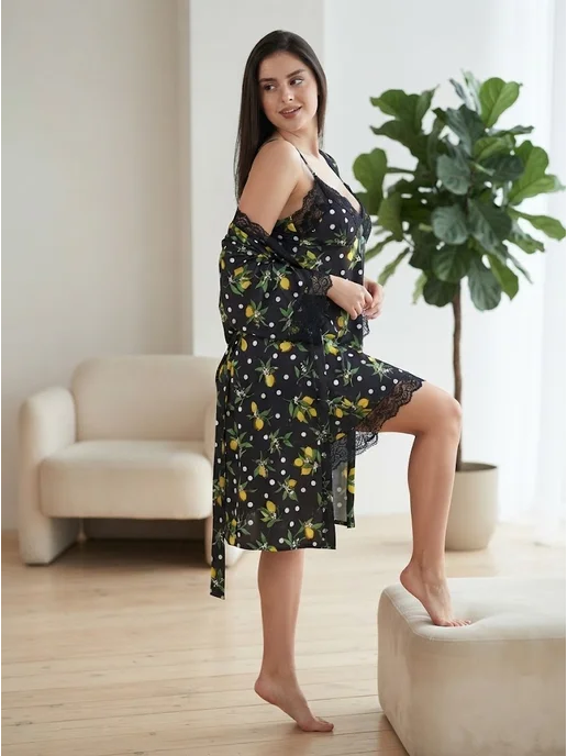 BLOSSOMCLO Комплект кружевной халат и сорочка пеньюар, черный