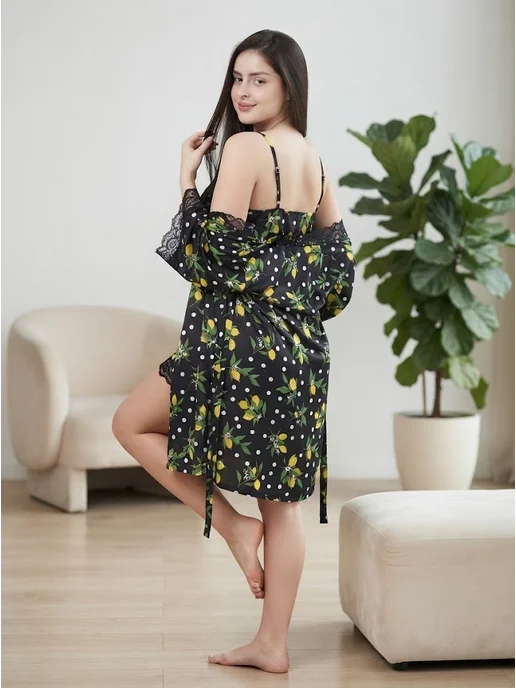 BLOSSOMCLO Комплект кружевной халат и сорочка пеньюар, черный, фото 4