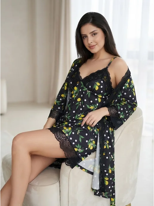 BLOSSOMCLO Комплект кружевной халат и сорочка пеньюар, черный, фото 5