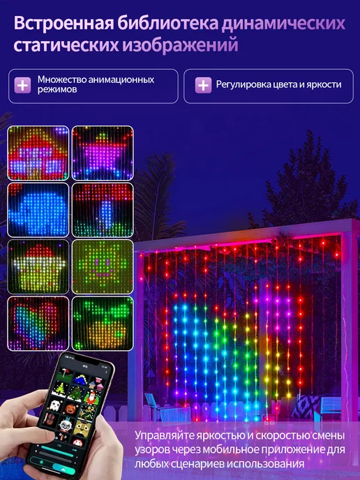 Умная гирлянда-штора RGB 2x2, DIY с текстом и узорами, 2x2, фото 2