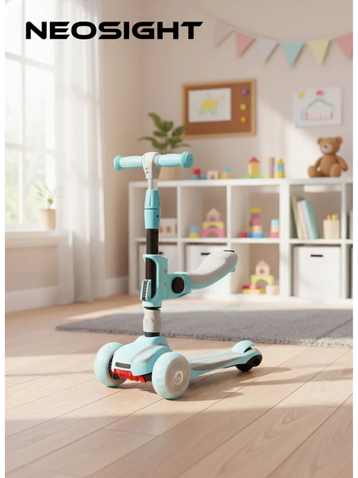NEOSIGHT Детский самокат 3-8 лет со складным сиденьем 62-83см, синий, фото 2
