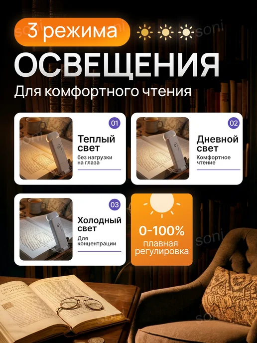 Фонарь лампа для чтения книг, вариант, фото 3