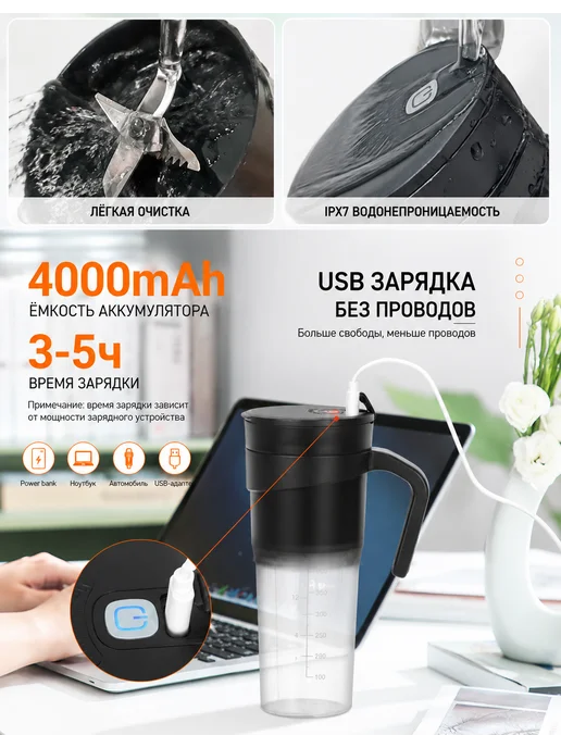 Портативный блендер USB 470 мл для смузи и коктейлей, 470 мл, фото 2