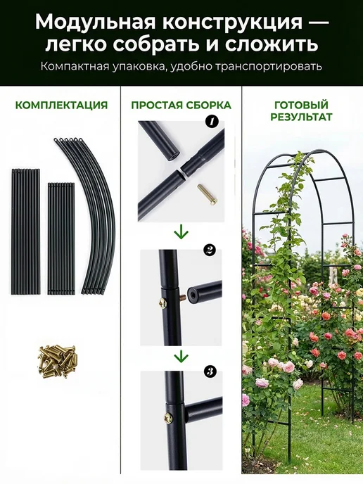 Арка садовая металлическая для роз и вьющихся растений 240cm, черный, фото 7