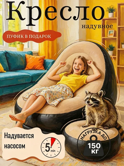 Надувное кресло с пуфиком и с насосом, коричневый