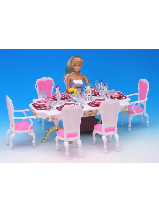 Нет бренда Мебель для кукол Barbie обеденный стол и стулья, розовый, розовый