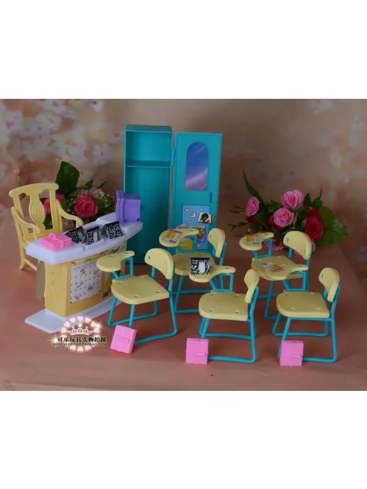 Нет бренда Мебель для кукол Barbie обеденный стол и стулья, розовый, розовый, фото 2