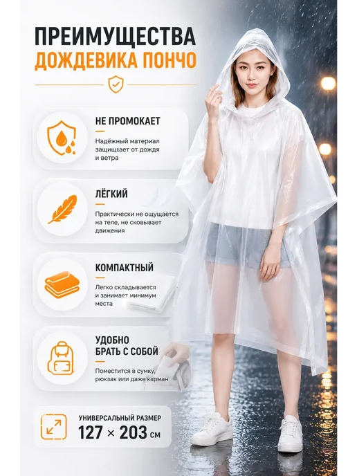 ВПВ Дождевик пончо многоразовый с капюшоном универсальный, белый, фото 3