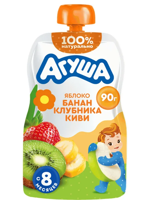 Агуша Пюре детское Яблоко, банан, клубника и киви, 90г, 12шт, 90 г, 12 шт, фото 2