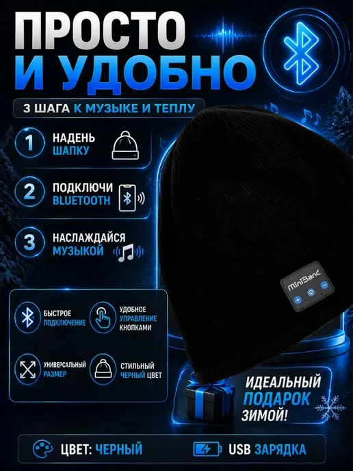 ШИКУ1 Вязаная шапка с Bluetooth наушниками беспроводная черная, черный, фото 3