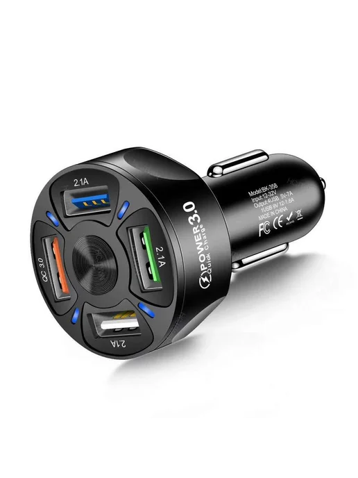 wenkefu Автомобильное зарядное Power 3.0, 4 порта USB, черный, черный