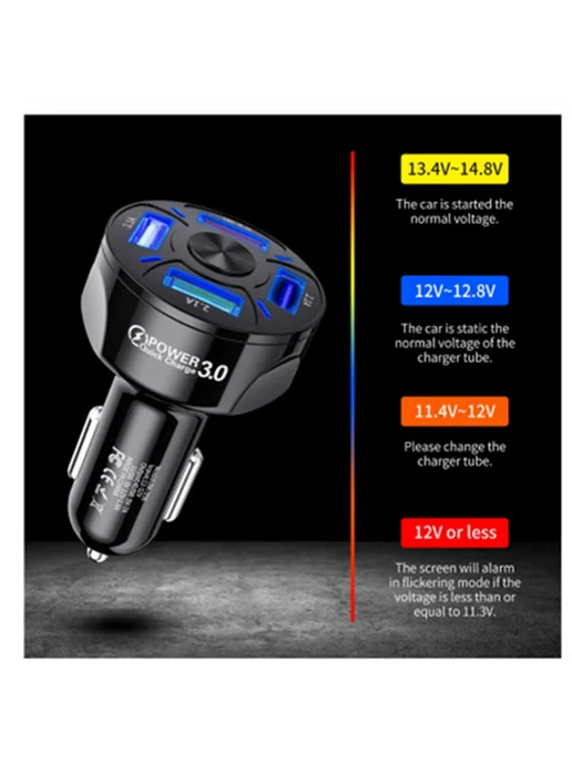 wenkefu Автомобильное зарядное Power 3.0, 4 порта USB, черный, черный, фото 4
