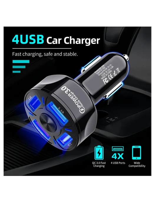 wenkefu Автомобильное зарядное Power 3.0, 4 порта USB, черный, черный, фото 5