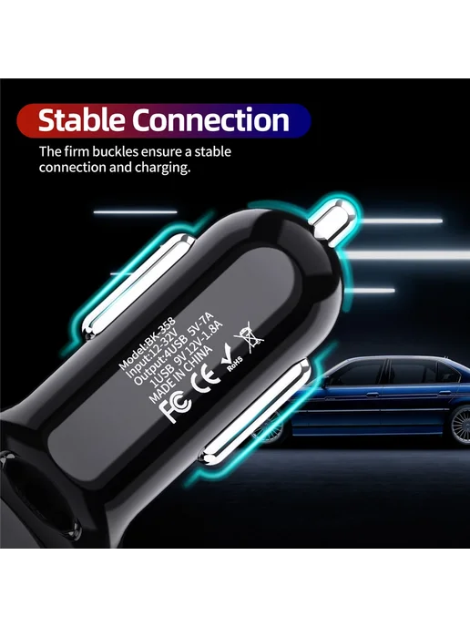 wenkefu Автомобильное зарядное Power 3.0, 4 порта USB, черный, черный, фото 6